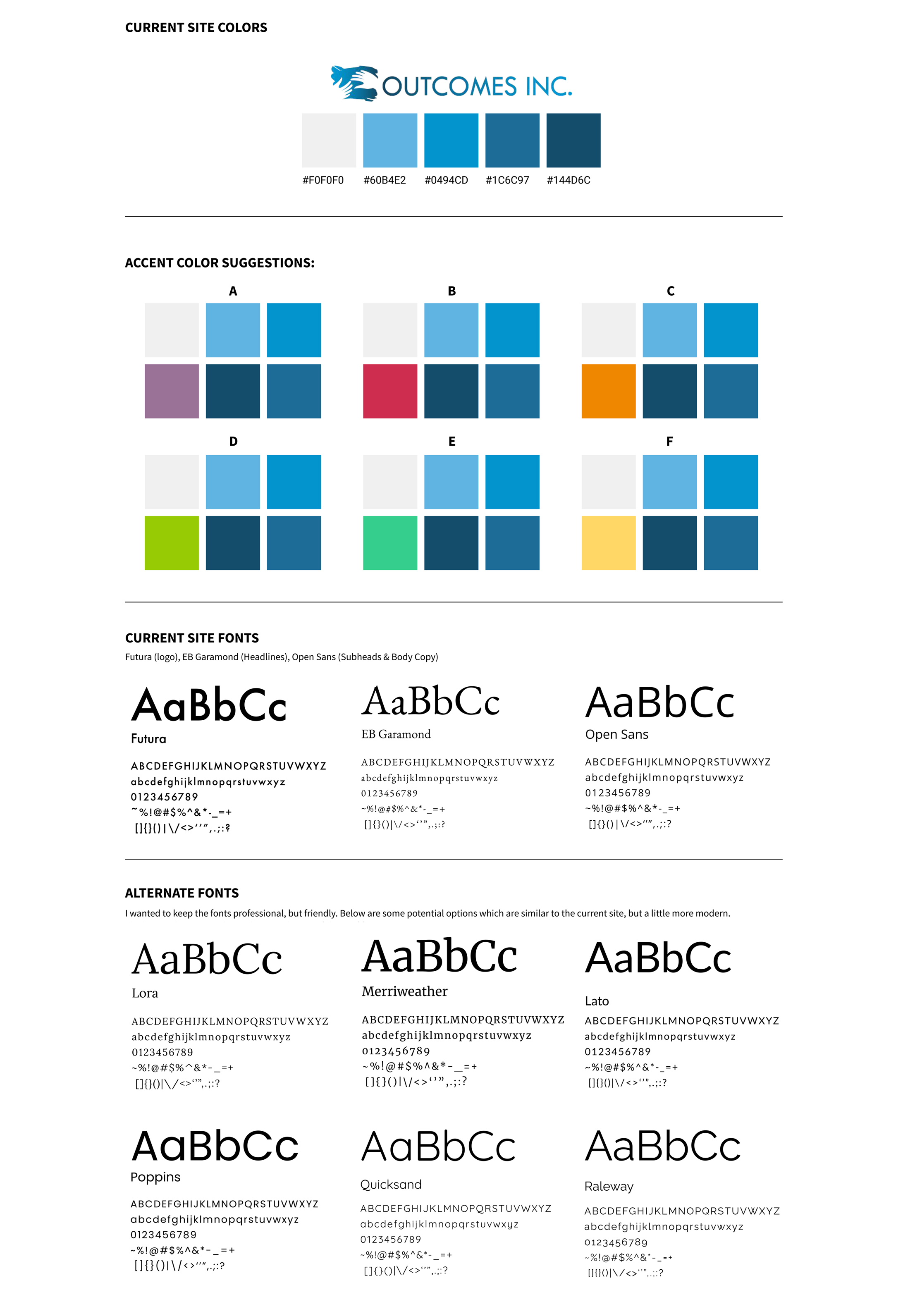 Color and typography exploration for Outcomes Inc. redesign